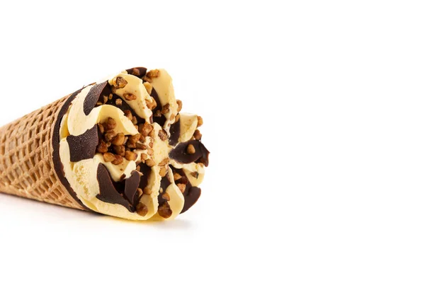 Vanilla Chocolate Ice Cream Cone Isolated White Background Copy Space — Stock Photo, Image