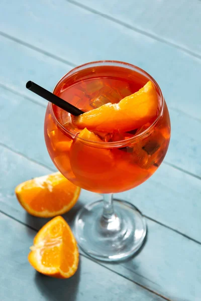 Glass Aperol Spritz Cocktail Blue Wooden Table — 스톡 사진