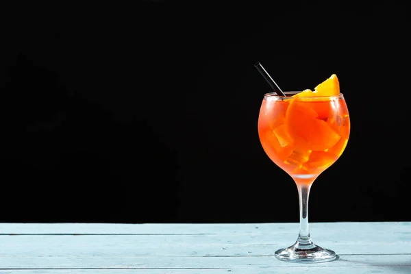Glass Aperol Spritz Cocktail Blue Wooden Table Black Background Copy — Photo