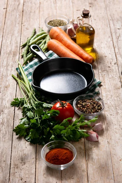 Assortment Vegetables Herbs Spices Wooden Table — Fotografia de Stock
