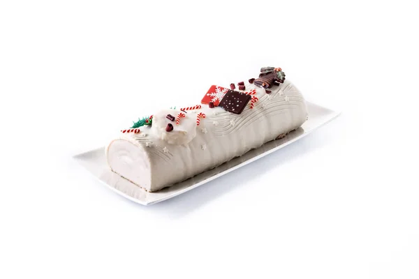 White Chocolate Yule Log Cake Ornament Isolated White Background — Φωτογραφία Αρχείου