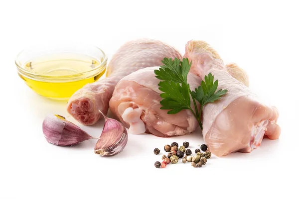 Raw Chicken Meat Legs Spices Herbs Olive Oil Isolated White Stock Image