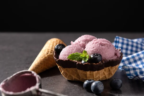 Blueberry Ice Cream Scoops Waffle Black Background — Stock Photo, Image