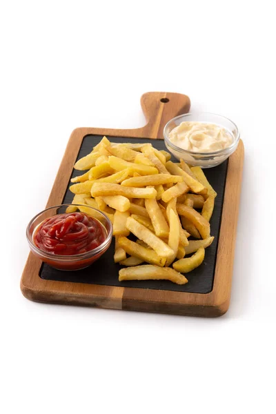 Gebakken Aardappelen Met Ketchup Mayonaise Geïsoleerd Witte Achtergrond — Stockfoto