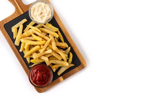 Gefrituurde Aardappelen Met Ketchup Mayonaise Geïsoleerd Witte Achtergrond Bovenaanzicht Kopieerruimte — Stockfoto