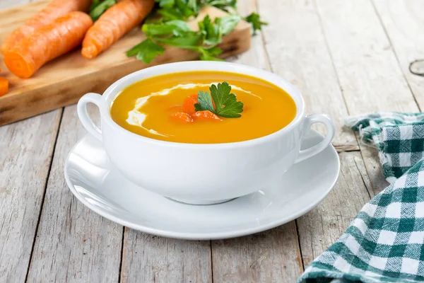 Carrot Soup Cream Parsley Wooden Table — Stockfoto