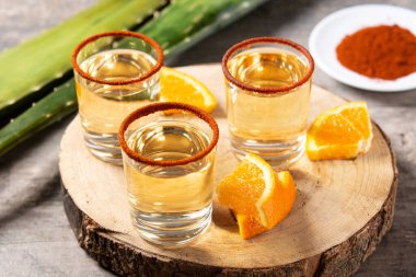 Portakal dilimli Mezcal Meksika içeceği ve ahşap masada solucan tuzu.