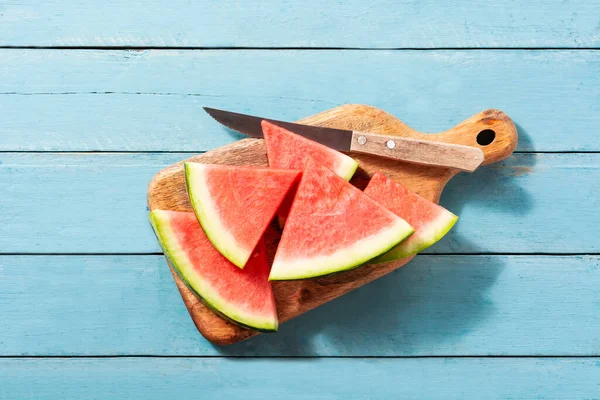 Fresh Watermelon Slices Blue Wooden Table — Stockfoto