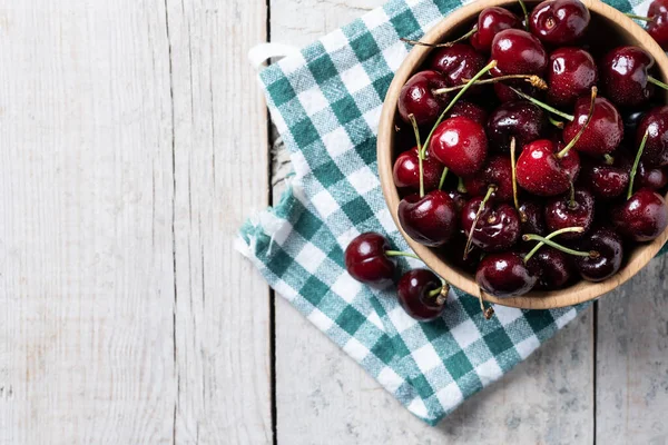 Fresh Cherries Water Drops Wooden Bowl White Wooden Table Top — Photo