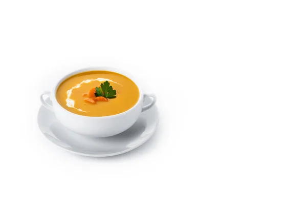 Carrot Soup Cream Parsley Isolated White Background Copy Space — Stock Photo, Image