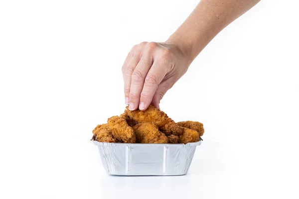 Woman Catching Crispy Kentucky Fried Chicken Box Isolated White Background — Fotografia de Stock
