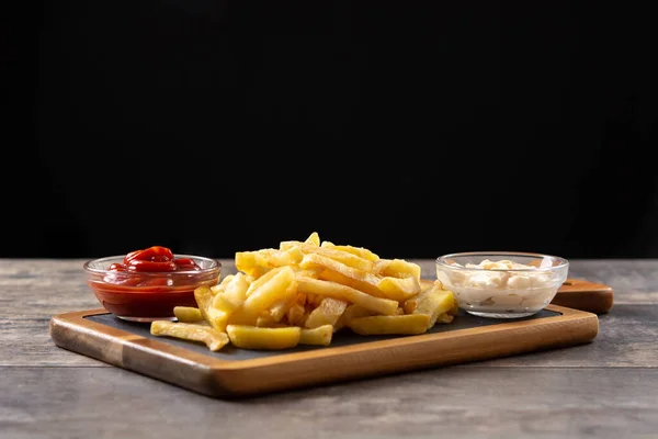 Fried Potatoes Ketchup Mayonnaise Wooden Table — Foto de Stock