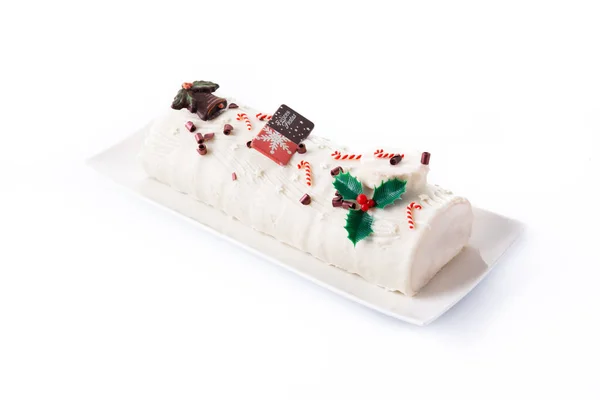 White Chocolate Yule Log Cake Isolated White Background — Stock fotografie