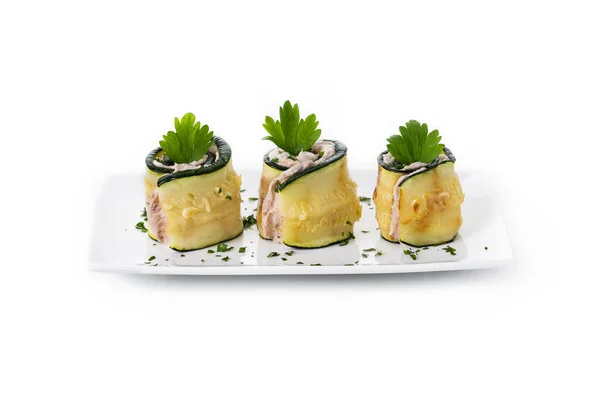 Grilled Zucchini Rolls Stuffed Cream Cheese Tuna Isolated White Background — Foto Stock