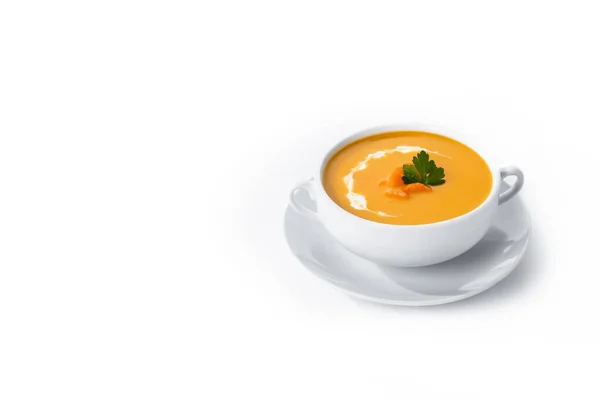 Carrot Soup Cream Parsley Isolated White Background Copy Space — Fotografia de Stock