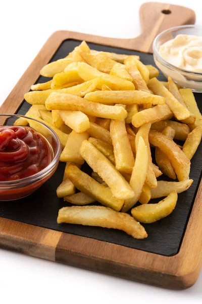 Fried Potatoes Ketchup Mayonnaise Isolated White Background — Stock Photo, Image