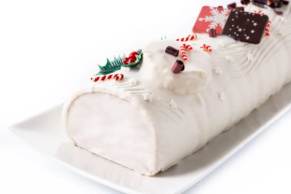 White Chocolate Yule Log Cake Ornament Isolated White Background —  Fotos de Stock