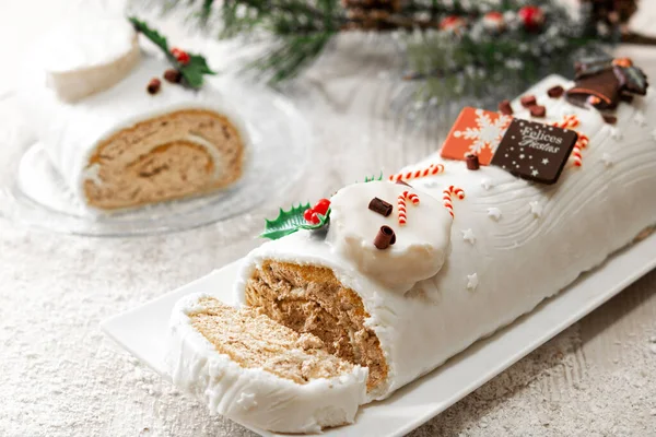 White Chocolate Yule Log Cake Ornament Wooden Table — Stock Photo, Image