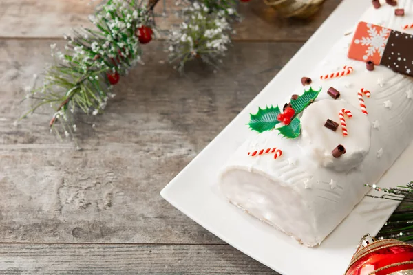 White Chocolate Yule Log Cake Christmas Ornament Wooden Table Copy — Stock Photo, Image