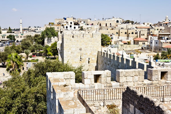 View from the walls of ancient Jerusalem's Damascus Gate and roofs of houses