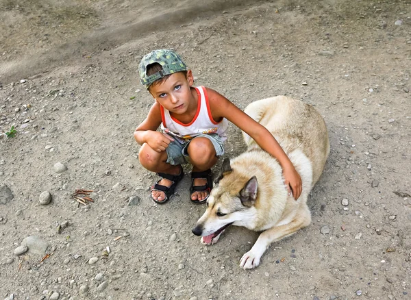 Büyük köpek oturan küçük bir çocuk — Stok fotoğraf