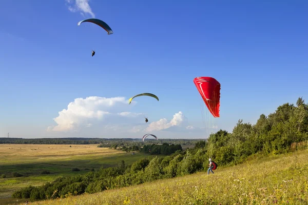 Múltiples parapentes se elevan en el aire en medio de un paisaje maravilloso —  Fotos de Stock
