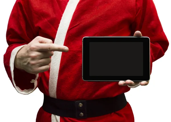 Babbo Natale con un Tablet PC e posa su uno sfondo bianco — Foto Stock