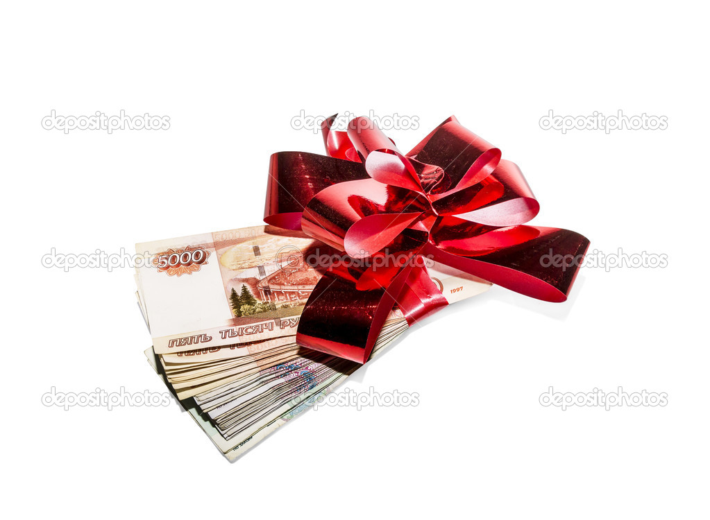 A bundle of banknotes tied up gift bow