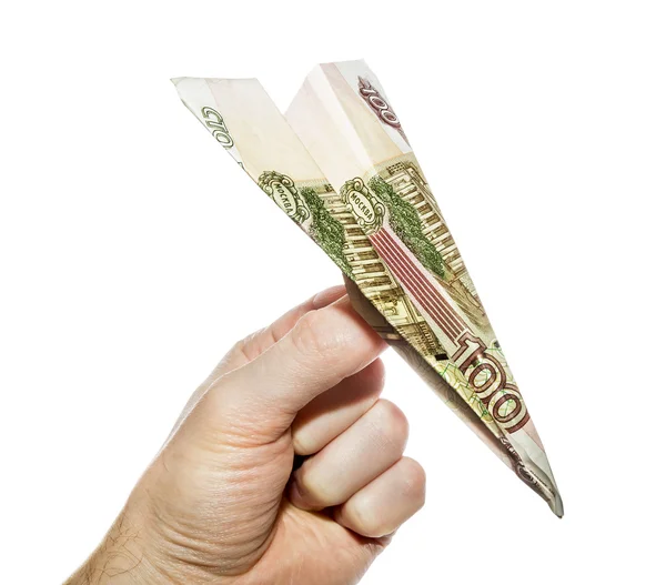 Hand starts the Airplane made of hundred rubles notes — Stock Photo, Image