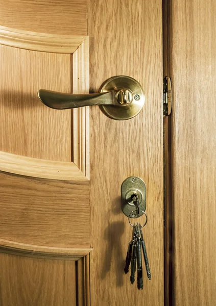 Pezzo di legno di una porta di quercia con una maniglia e un mazzo di chiavi i — Foto Stock