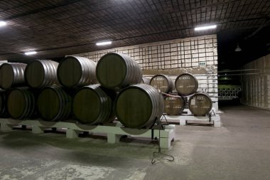 Inkerman. Crimea. 31 Mayıs 2021. Kırım 'daki Inkerman şarap mahzeninde şarap fıçıları.