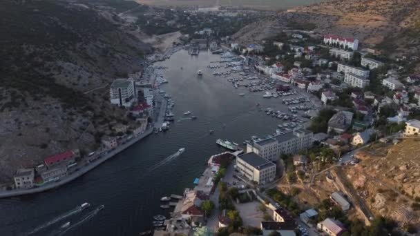 The beautiful bay of Balaklava city, Crimean peninsula aerial view — Stock Video