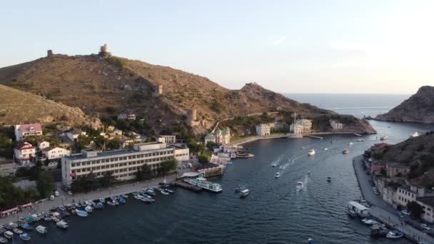 The beautiful bay of Balaklava city, Crimean peninsula aerial view — Stock Video