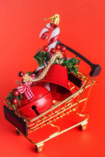 Christmas Toys Cart Red Background Christmas New Year Composition Red — Stock Photo, Image