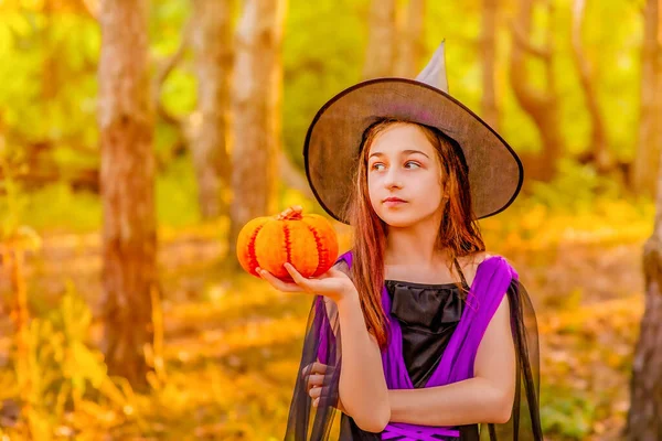Petite Fille Costume Halloween Automne Fille Ans Dans Contexte Nature — Photo
