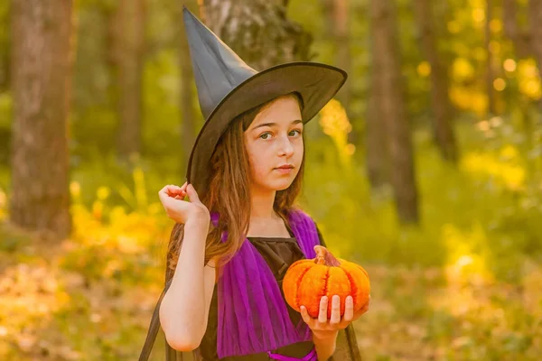 Petite Fille Costume Halloween Automne Fille Ans Dans Contexte Nature — Photo