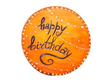Gingerbread iin the shape of a circle with the inscription happy birthday isolated on a white background. Dessert. clipart