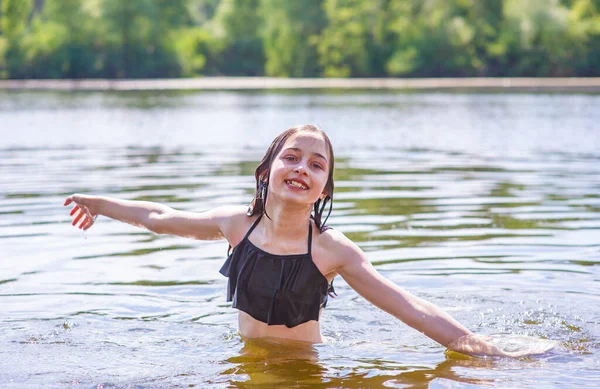 Happy Child Bathes Teenage Girl Swims River Summer —  Fotos de Stock