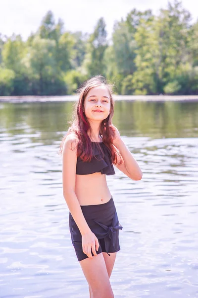Children Rest Teenage Girl River Black Swimsuit Black Shorts Summer — Fotografia de Stock