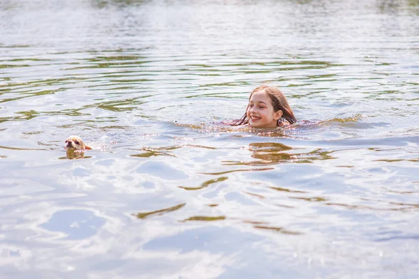 Happy Child Bathes Teenage Girl Swims River Summer Chihuahua Dog — Zdjęcie stockowe