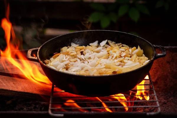 Finom Ételek Természetben Burgonya Sült Serpenyőben Tűzön Hagymával — Stock Fotó
