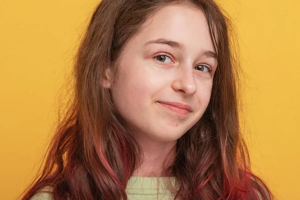Girl Positive Mood Portrait Teenage Girl Yellow Background — Fotografia de Stock
