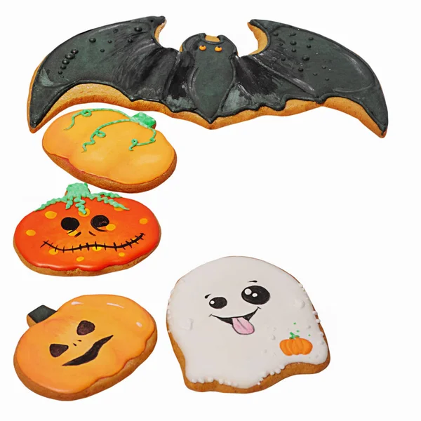 Happy Halloween Three Pumpkins Ghost Bat Gingerbread Cookies Halloween — Zdjęcie stockowe