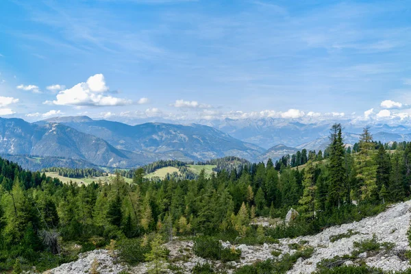 Overlooking Puez Geisler Nature Park Mountains Dolomites Seen Armentara Meadows — Stockfoto