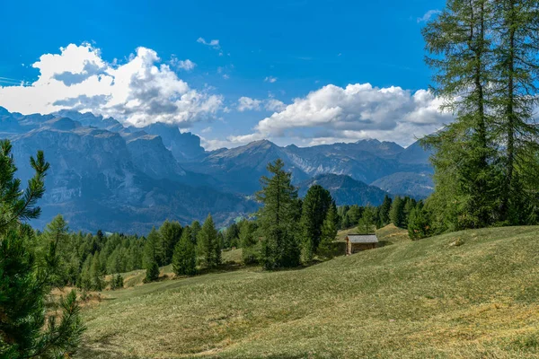 Widokiem Góry Parku Przyrody Puez Geisler Dolomitach Widok Łąk Armentara — Zdjęcie stockowe