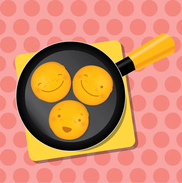 Tres mini panqueques sonrientes en una sartén para el desayuno — Vector de stock