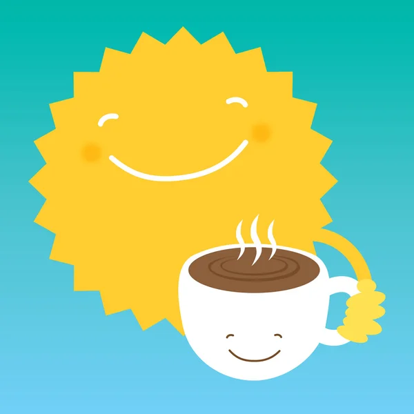 O sol bebe o café de uma xícara branca de manhã . —  Vetores de Stock