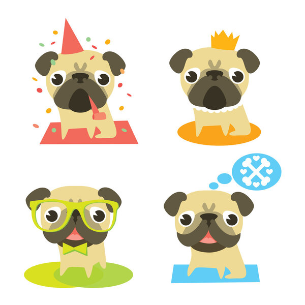 Funny pug dogs in different situation: pug's birthday, pug-prince, pug-hipster and dreaming pug.