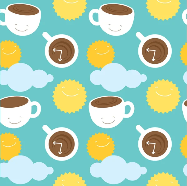 Nahtlose Muster Morgenkaffee Thema: Tassen mit Kaffee, Sonne und Wolken — Stockvektor