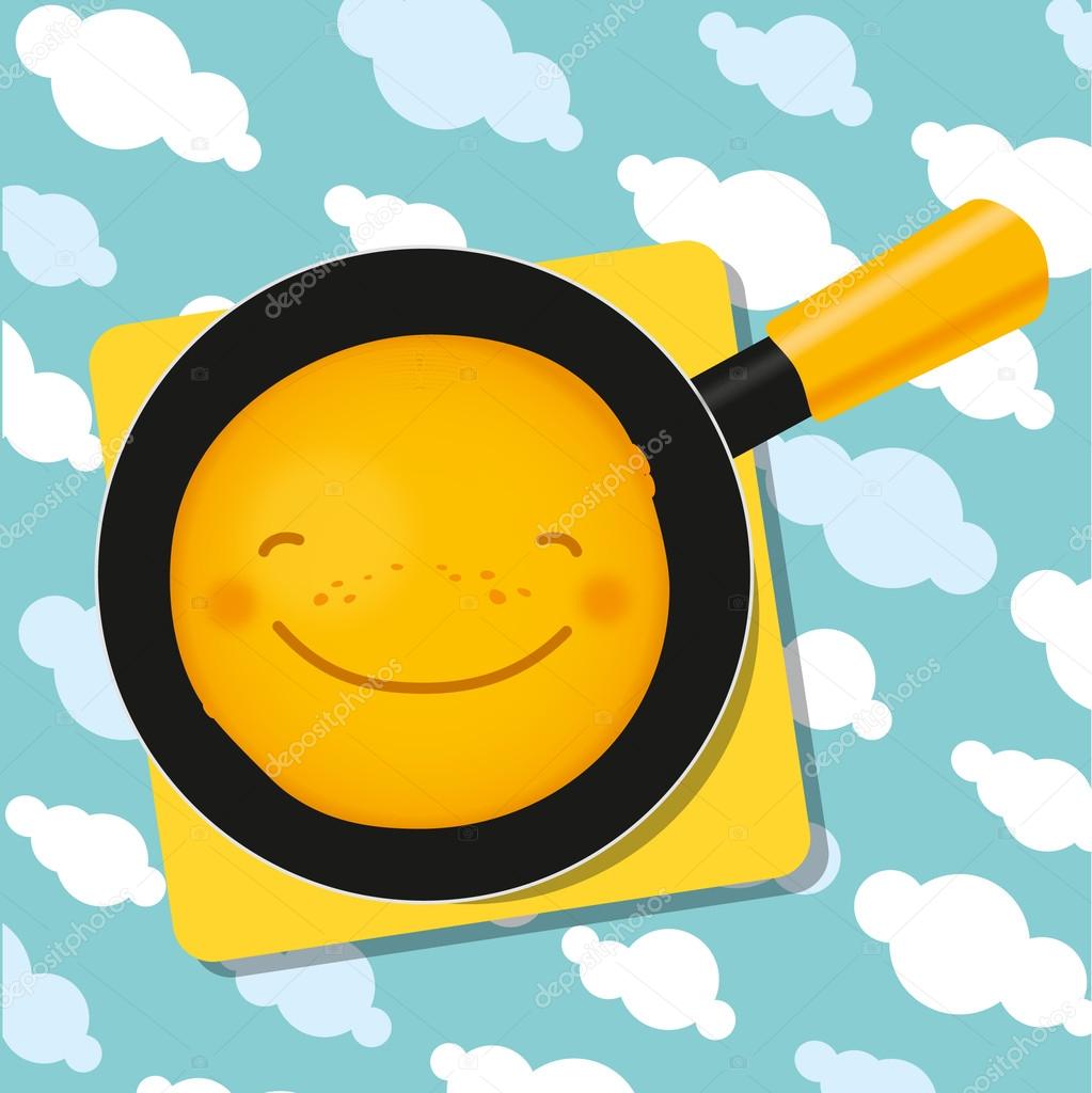 Smiling pancake on a pan for breakfast staying on tablecloth with clouds.
